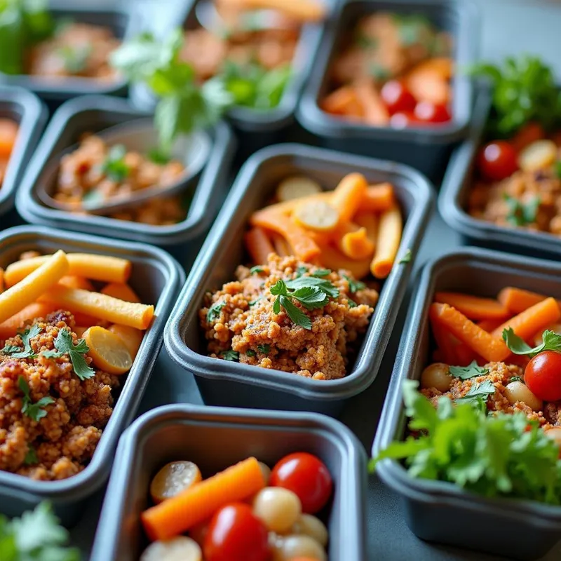 Colorful vegan meal prep containers filled with various dishes