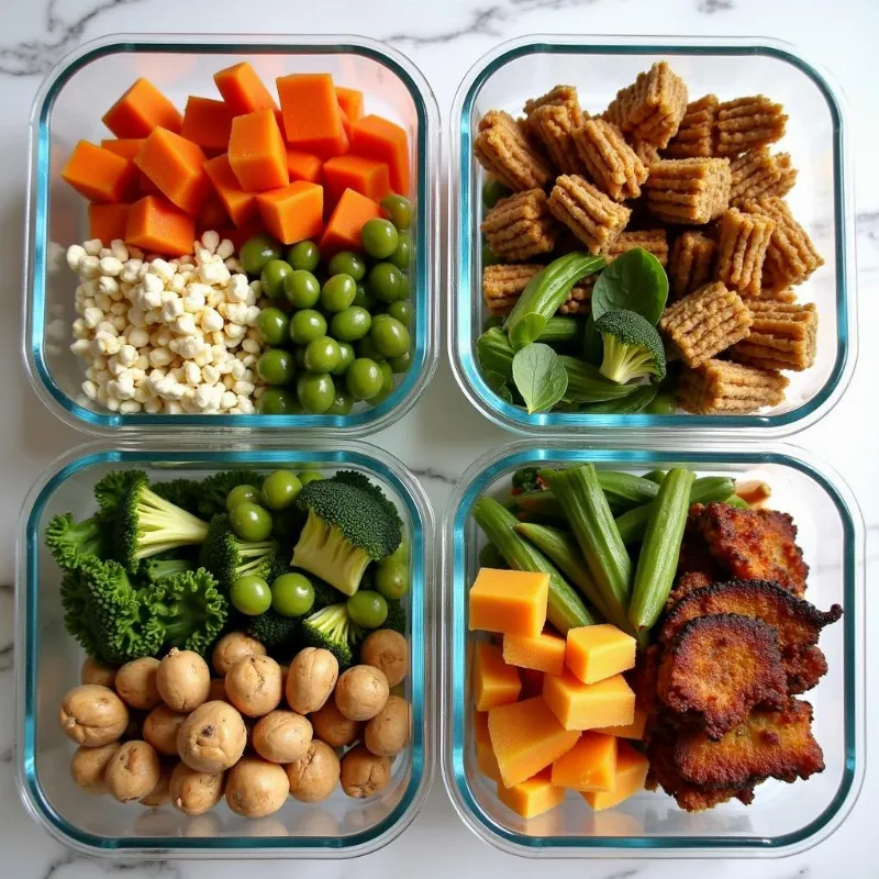 Vegan meal prep containers with low-carb meals