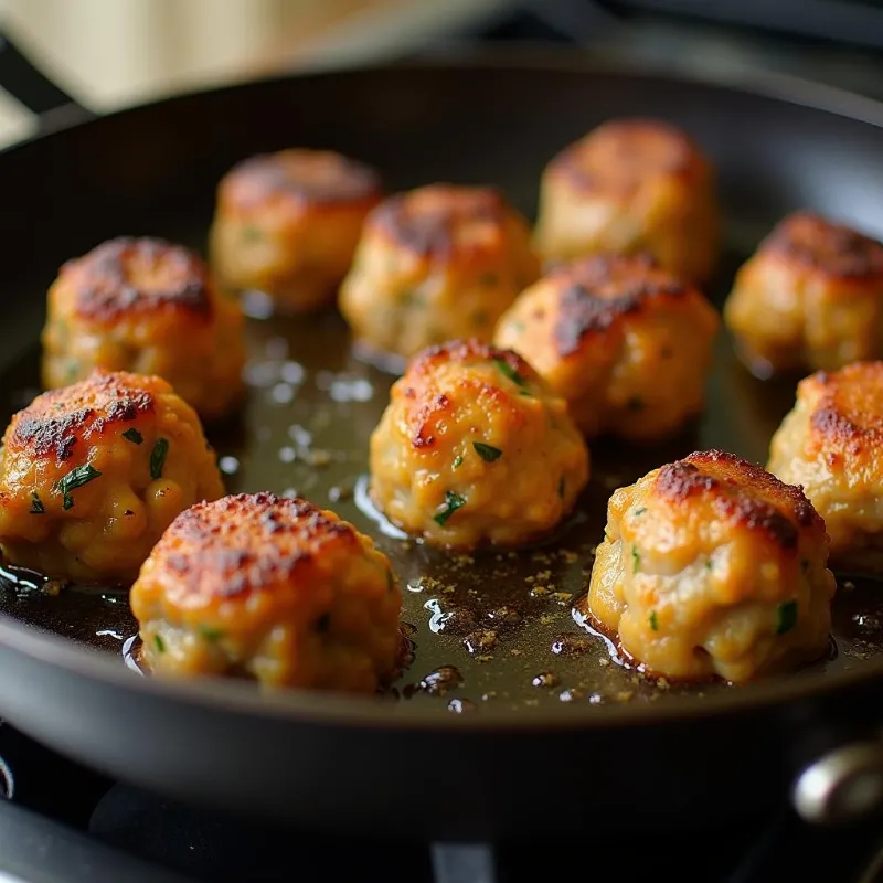 Vegan meatballs cooking in a pan