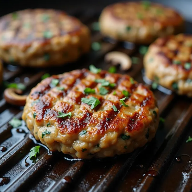 Vegan mushroom burger patty being grilled on a griddle pan