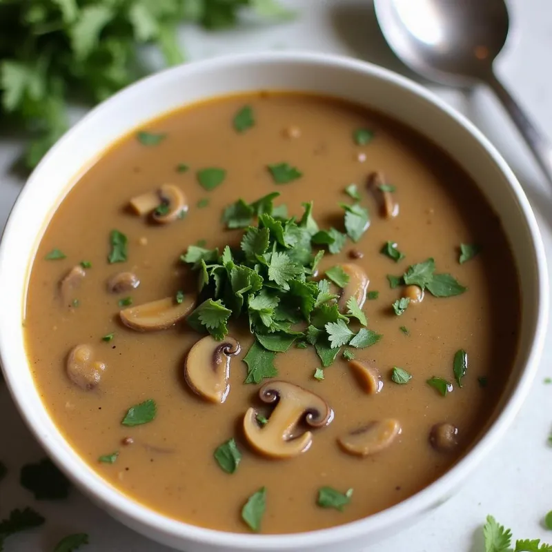 Creamy Vegan Mushroom Soup Garnished with Fresh Herbs