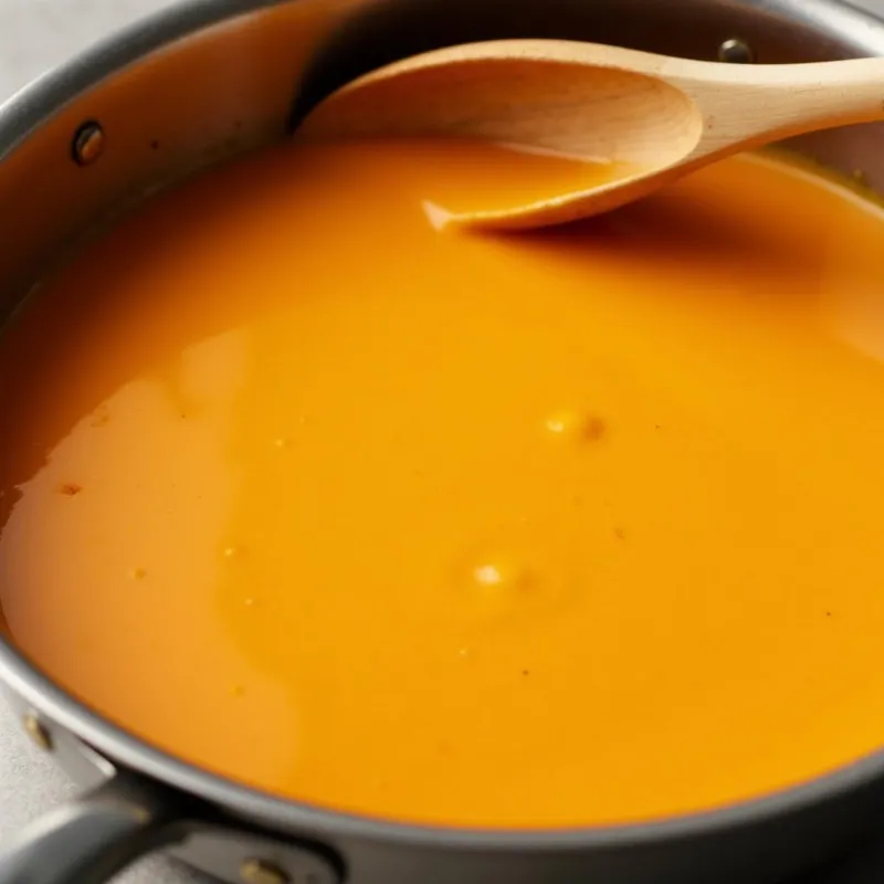 Vegan nacho cheese sauce simmering in a saucepan