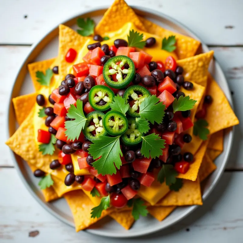 Plate of vegan nachos topped with cheese sauce and various toppings