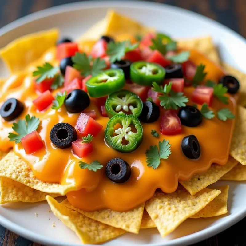 Vegan nachos with a variety of toppings.