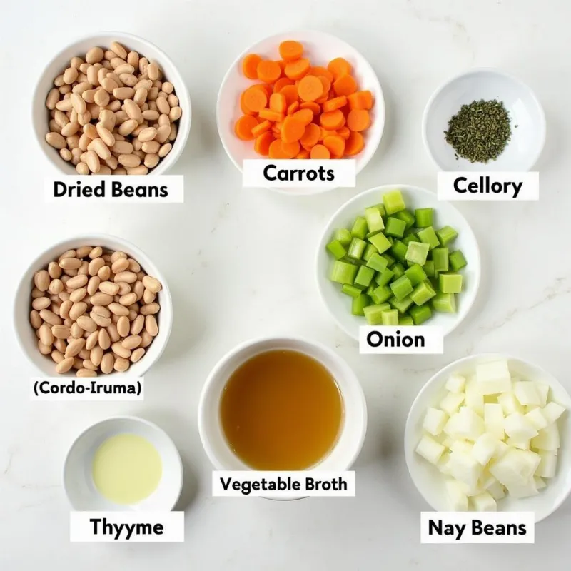 Ingredients for vegan navy bean soup laid out on a table