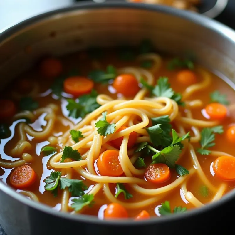 A pot of flavorful vegan noodle soup simmering on the stove.