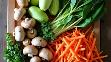 A colorful array of fresh vegetables for vegan noodle soup.