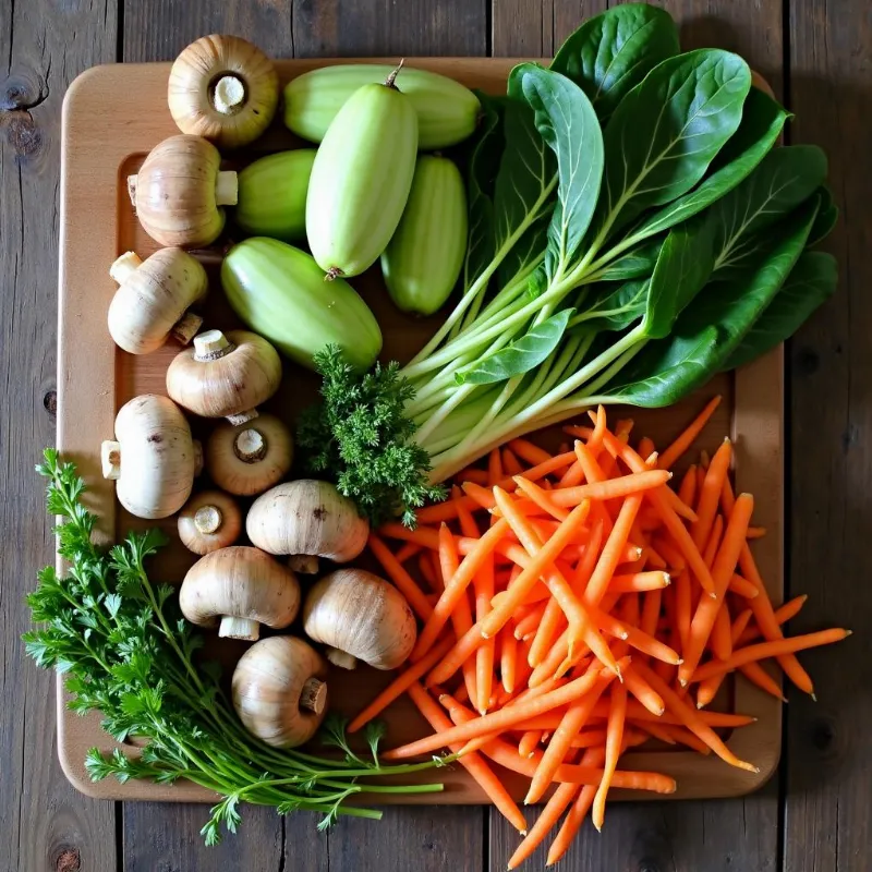 A colorful array of fresh vegetables for vegan noodle soup.