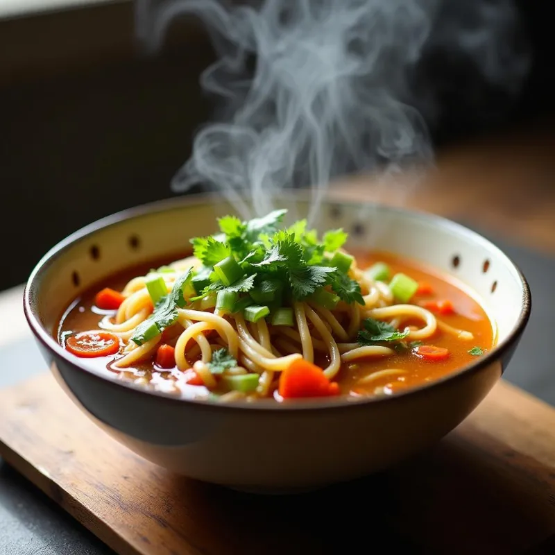 A steaming bowl of vegan noodle soup garnished with fresh herbs. 