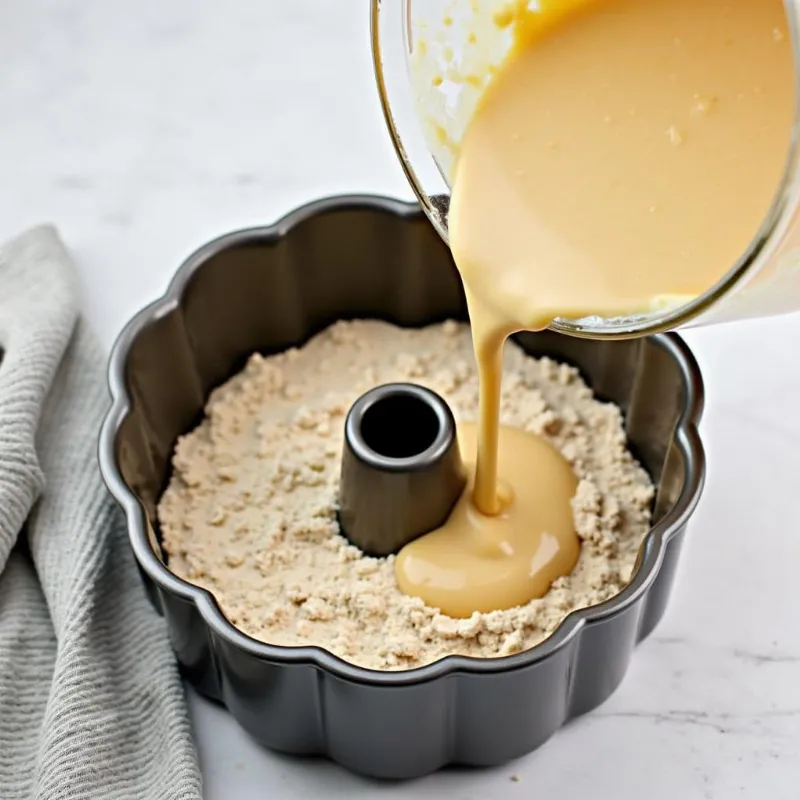 Vegan oat bundt cake batter being poured into a greased bundt pan.