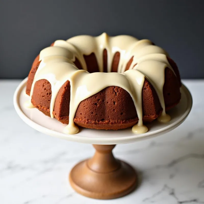 Glazed vegan oat bundt cake on a cake stand.