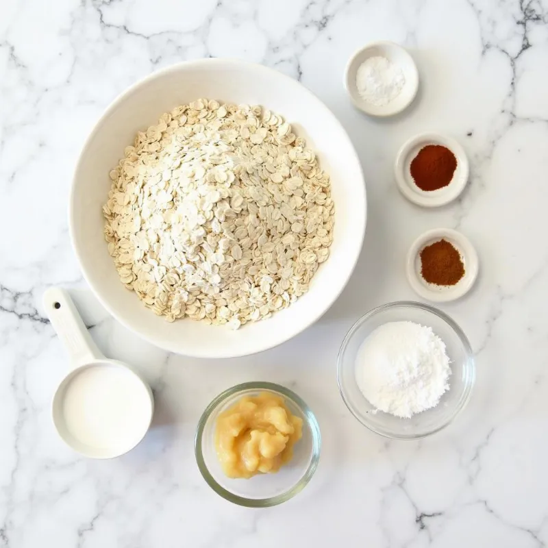 Ingredients for vegan oat bundt cake laid out on a marble countertop.