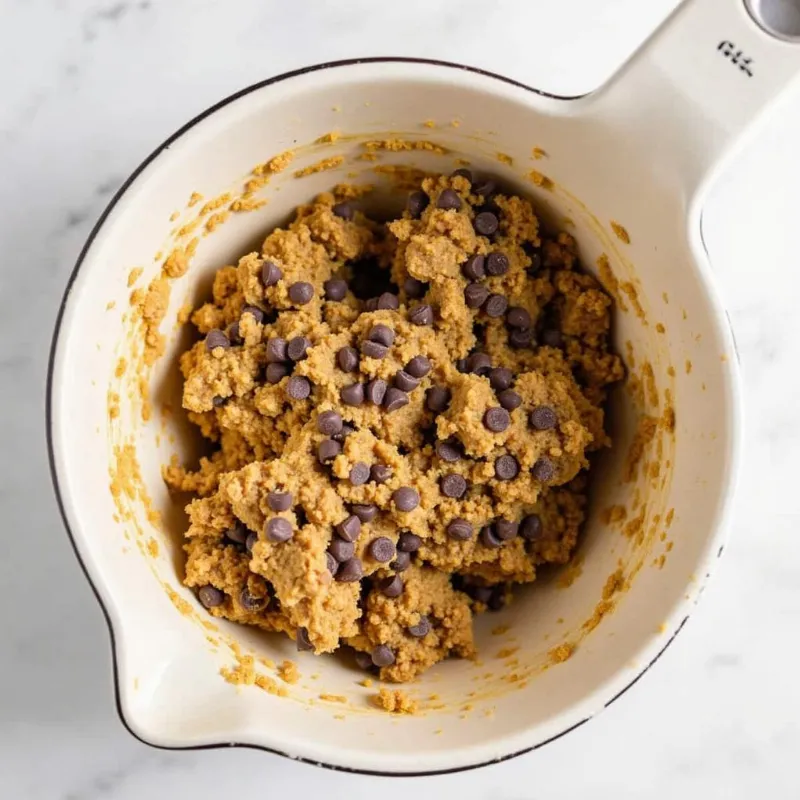 Vegan oat chocolate cookie dough in a bowl.