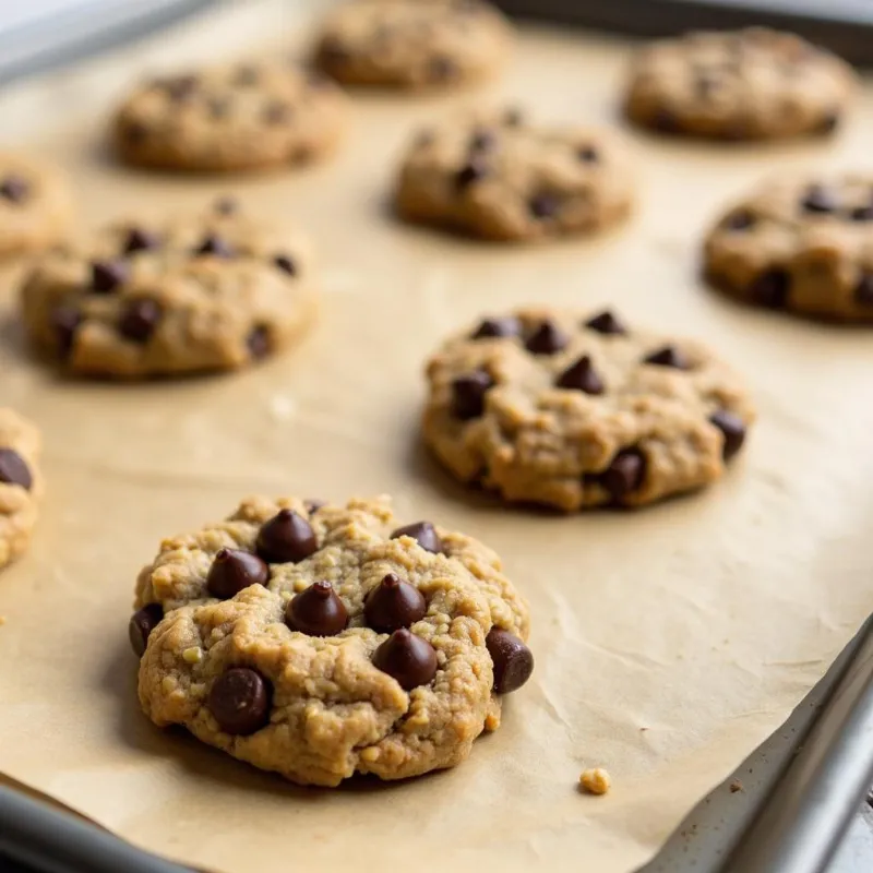 Freshly baked vegan oat chocolate chip cookies on a baking sheet.