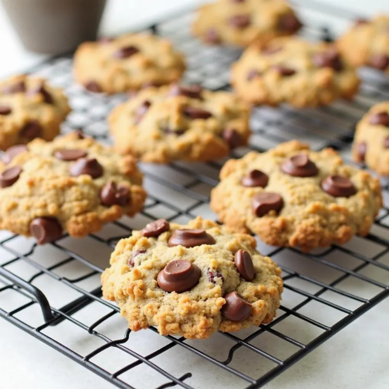 Warm vegan oat chocolate chip cookies cooling on a wire rack.