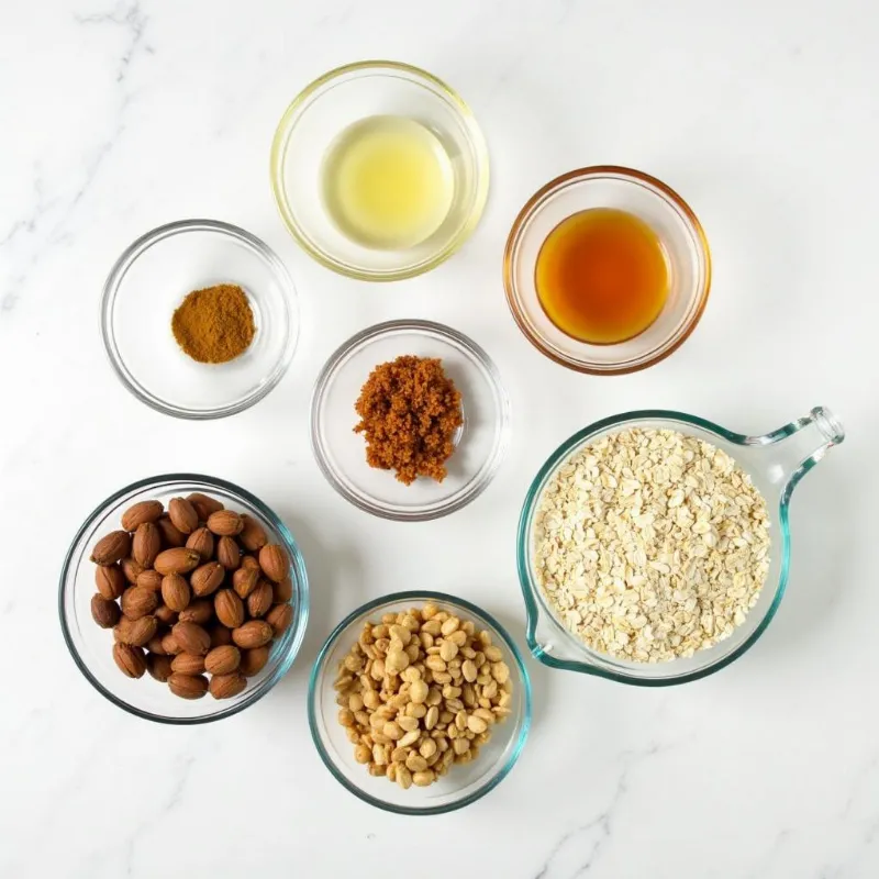 Vegan oat granola bar ingredients arranged neatly in bowls