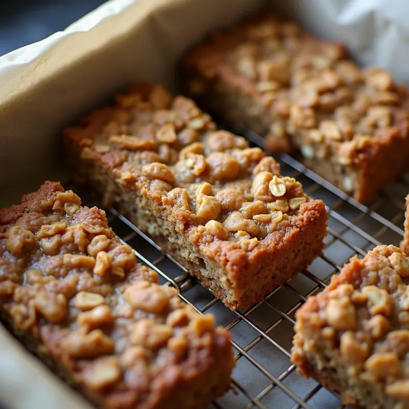 Freshly baked vegan oat granola bars cooling in a pan