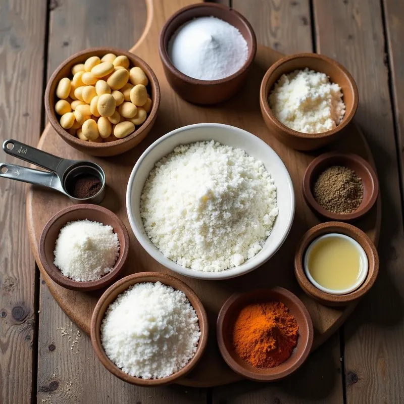 A flat lay of ingredients for making vegan oatmeal chocolate chip cookies.