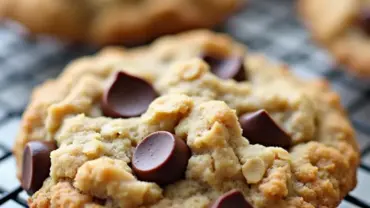 Close-up of a vegan oatmeal chocolate chip cookie on a cooling rack.