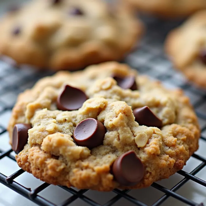 Close-up of a vegan oatmeal chocolate chip cookie on a cooling rack.