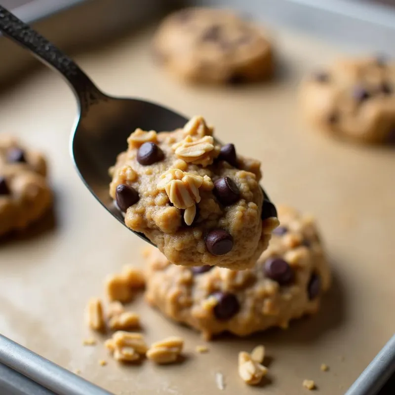 Scooping vegan oatmeal cookie dough onto a baking sheet