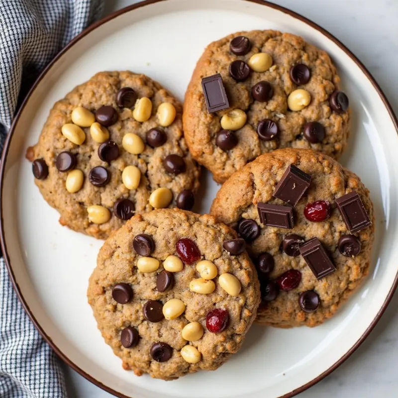 Three variations of vegan oatmeal cookies - chocolate chip peanut butter, cranberry orange, and double chocolate chunk