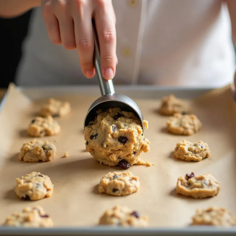 Scooping vegan oatmeal raisin cookie dough onto a baking sheet.