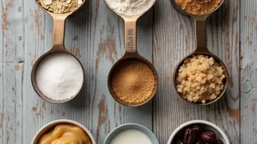 Vegan oatmeal raisin cookie ingredients laid out on a table.