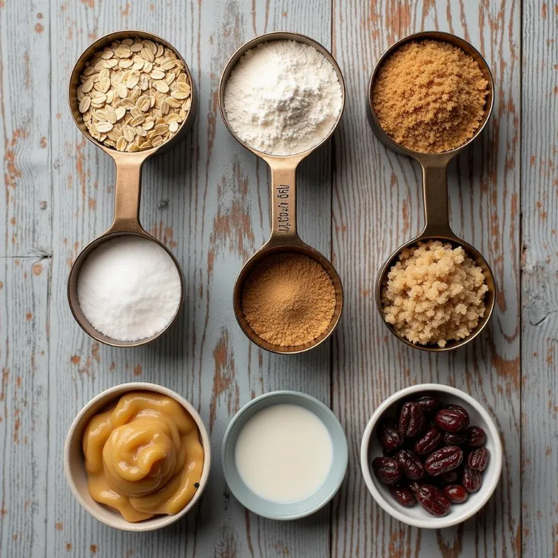 Vegan oatmeal raisin cookie ingredients laid out on a table.