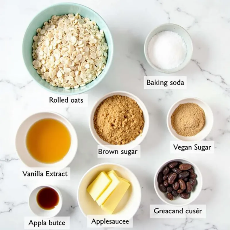 Vegan oatmeal raisin cookie ingredients laid out on a marble countertop.