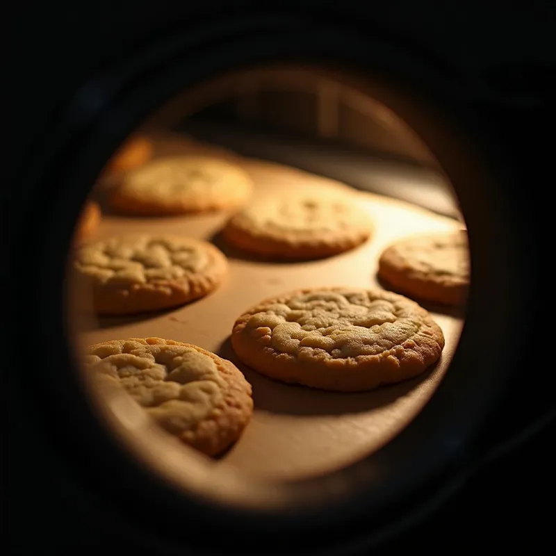 Vegan oatmeal raisin cookies baking on a baking sheet in the oven.