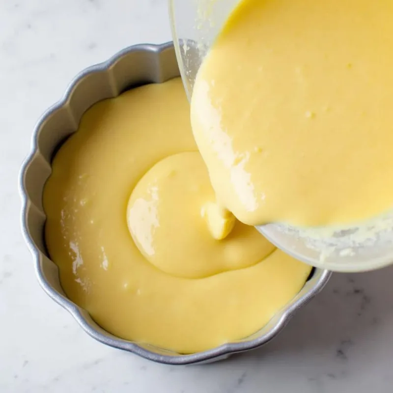 Pouring batter into a cake pan