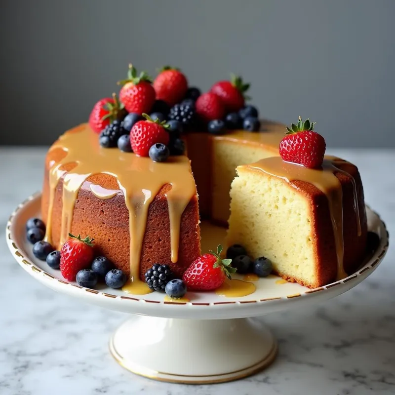 Decorated vegan olive oil cake on a cake stand