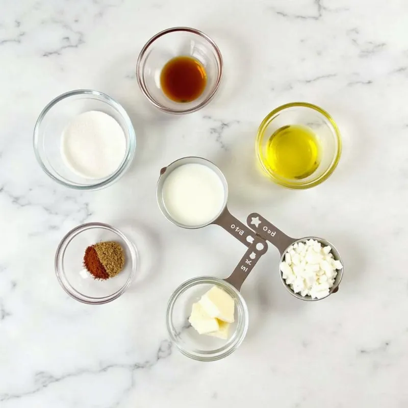 Ingredients for vegan olive oil cake arranged on a marble countertop