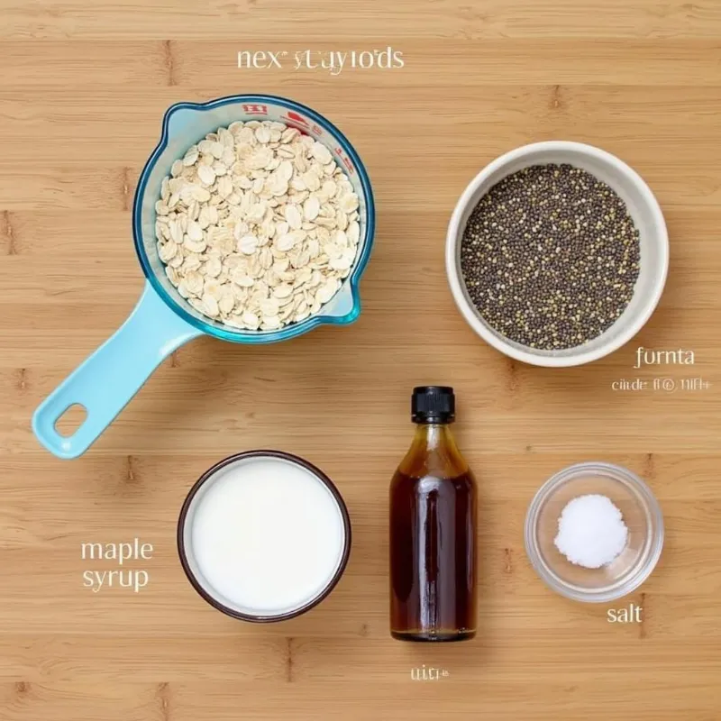 Vegan overnight oats ingredients: rolled oats, plant-based milk, chia seeds, maple syrup, vanilla extract, and salt.