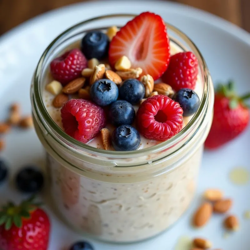 A jar of vegan overnight oats topped with fresh berries, chopped nuts, and a drizzle of maple syrup.