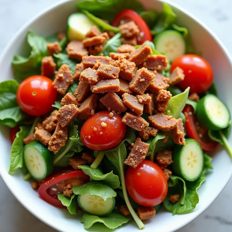 Vegan oyster mushroom &quot;bacon&quot; bits sprinkled on top of a fresh salad.