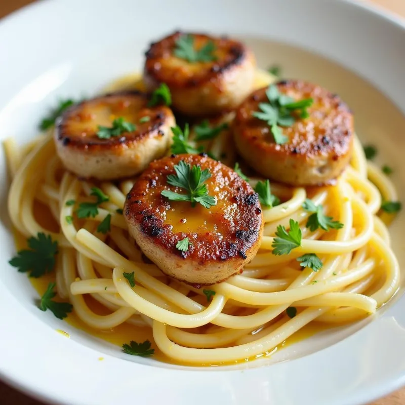 Vegan oyster mushroom &quot;scallops&quot; served on a bed of pasta, drizzled with lemon garlic sauce.