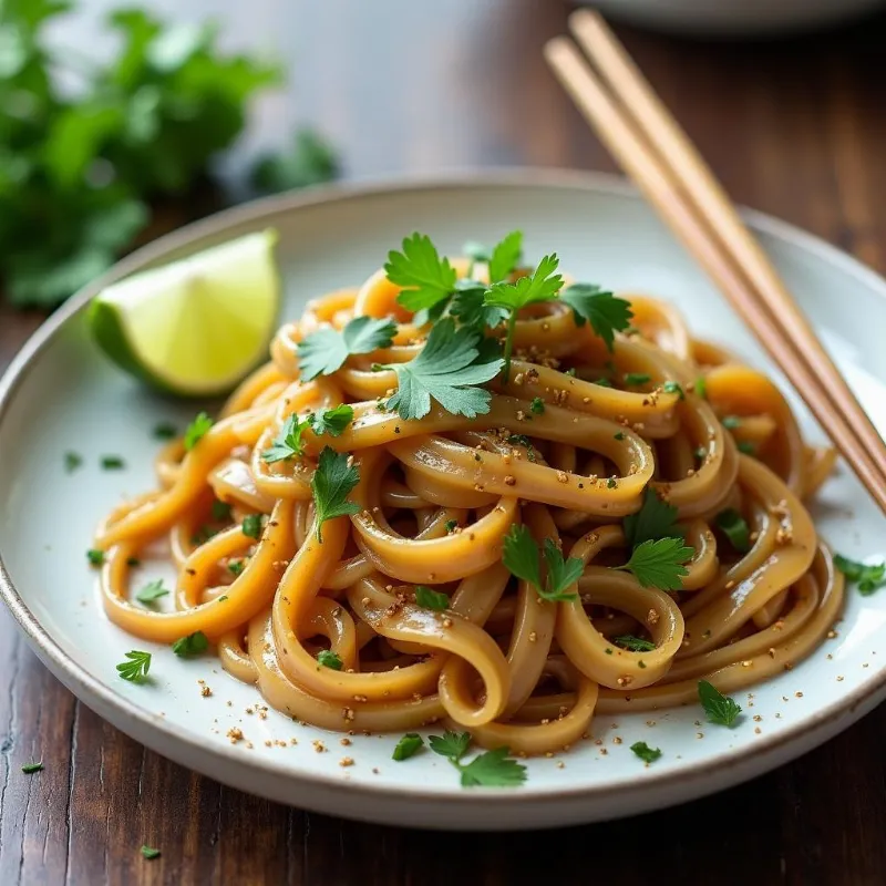 A plate of vegan pad see ew with lime wedges and chili peppers for garnish