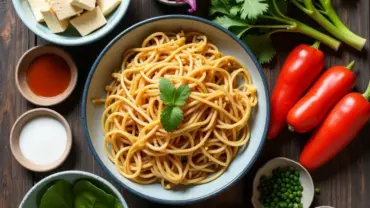 Colorful ingredients for vegan pad thai arranged on a wooden table