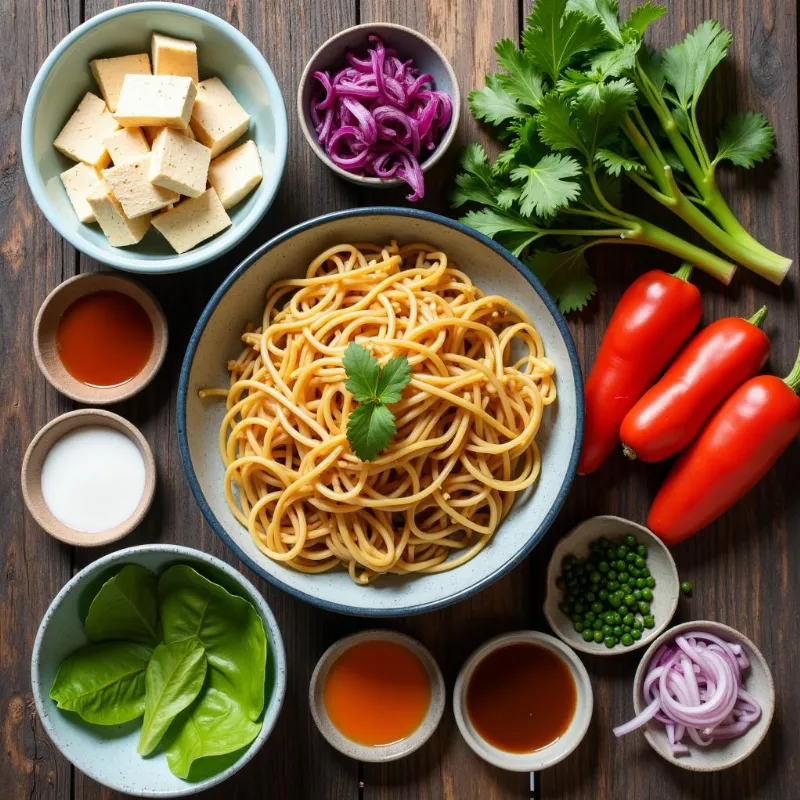 Colorful ingredients for vegan pad thai arranged on a wooden table