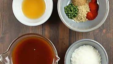 Ingredients for vegan pad thai sauce arranged in bowls