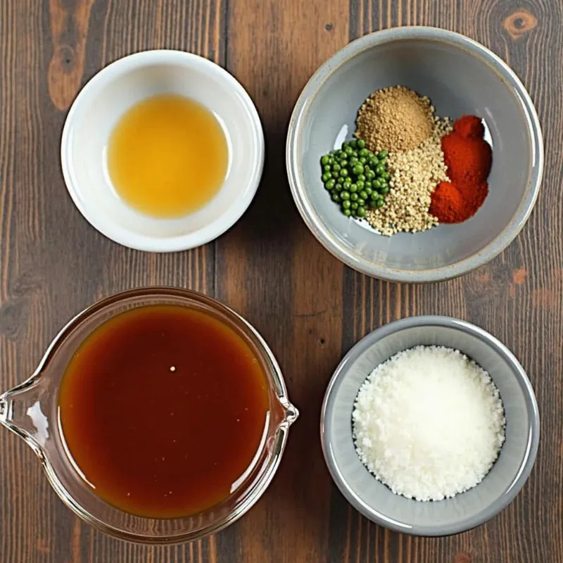 Ingredients for vegan pad thai sauce arranged in bowls