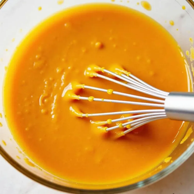 Whisking ingredients in a bowl to make vegan pad thai sauce