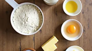 Vegan pancake ingredients arranged neatly on a table