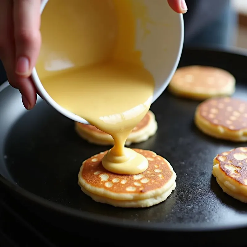 Vegan pancake batter being poured onto a griddle.