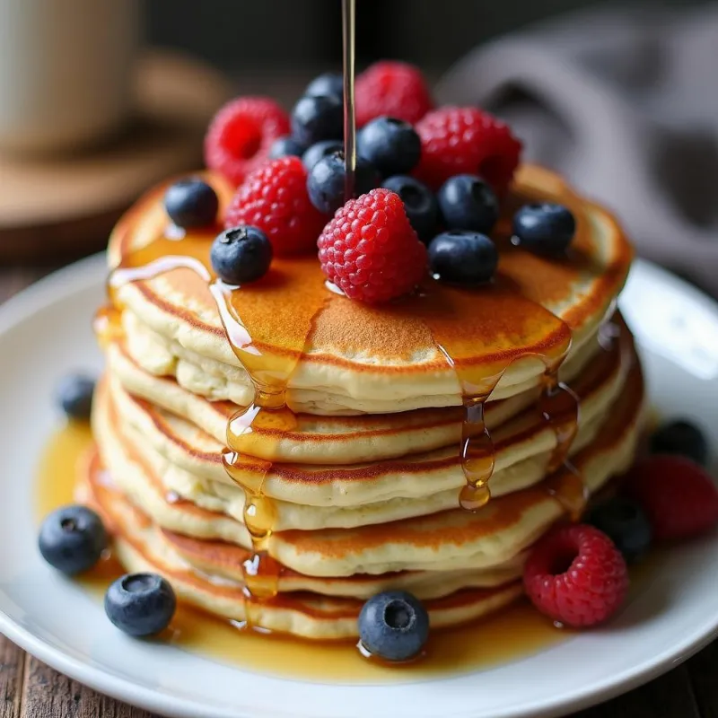 Vegan Pancakes Topped with Berries and Syrup