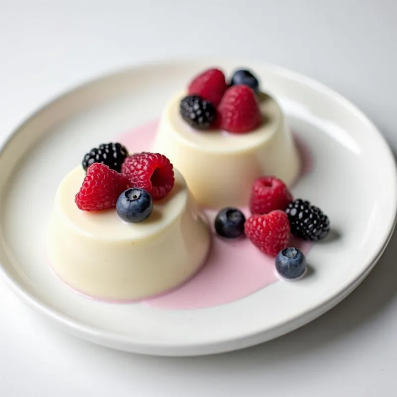 Smooth and creamy vegan panna cotta made with a plant-based gelatin substitute, topped with fresh berries.