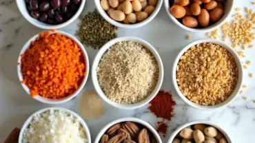 Vegan Pantry Essentials: A vibrant display of beans, grains, nuts, and spices