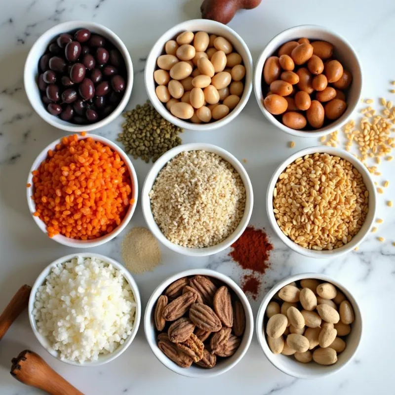 Vegan Pantry Essentials: A vibrant display of beans, grains, nuts, and spices